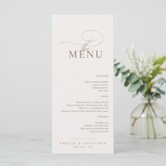 Elegant modern minimalistisch script bruiloft menu (Staand voorkant)