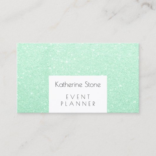 Elegant modern mint green glitter event planner visitekaartje (Voorkant)