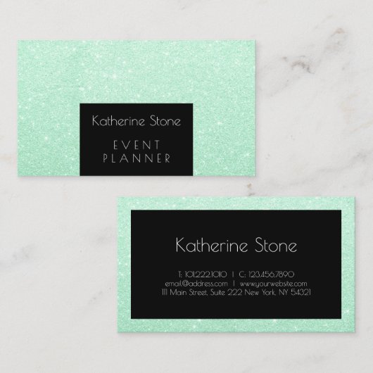 Elegant modern mint green glitter event planner visitekaartje (Voorkant / Achterkant)