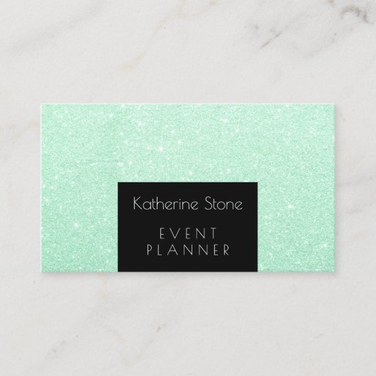 Elegant modern mint green glitter event planner visitekaartje (Voorkant)