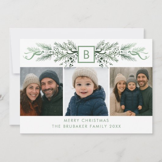Elegant Modern Monogram Aangepaste Kerst 3 Foto Feestdagenkaart (Voorkant)