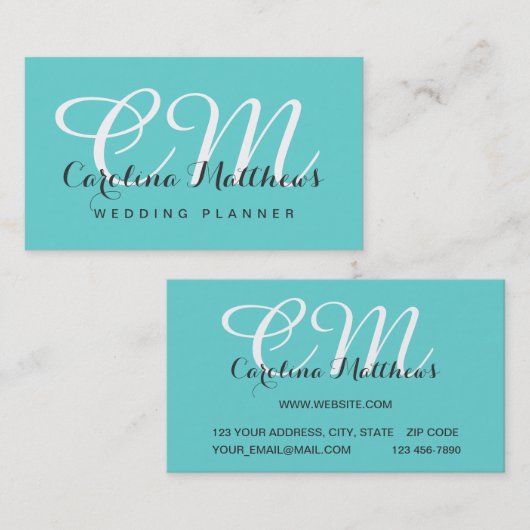 Elegant modern monogram Aqua Blue Visitekaartje (Voorkant / Achterkant)