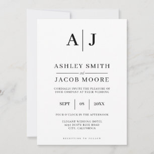 Elegant Modern Monogram Black White Wedding Kaart