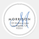 Elegant modern monogram blauw terugkeeradres ronde sticker (Voorkant)