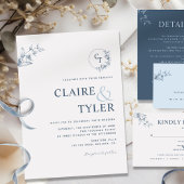 Elegant Modern Monogram Blue Wedding Uitnodiging