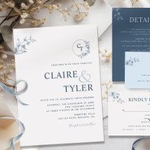 Elegant Modern Monogram Blue Wedding Uitnodiging