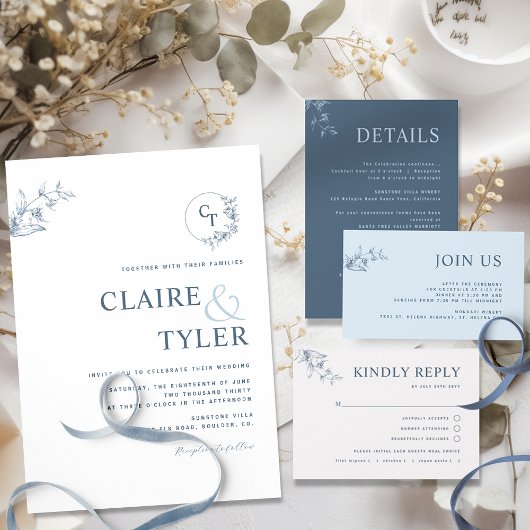 Elegant Modern Monogram Blue Wedding Uitnodiging