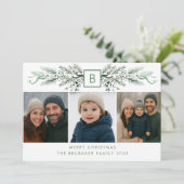 Elegant Modern Monogram Custom Christmas 3 Photo Feestdagenkaart (Staand voorkant)