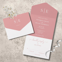Elegant Modern Monogram Dusty Roos Wedding All In One Uitnodiging
