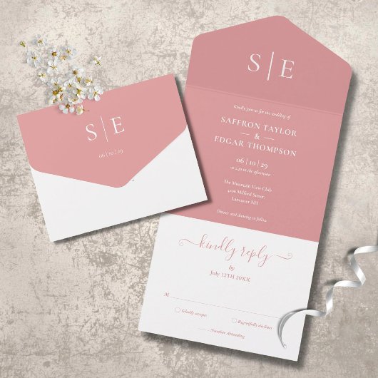 Elegant Modern Monogram Dusty Roos Wedding All In One Uitnodiging