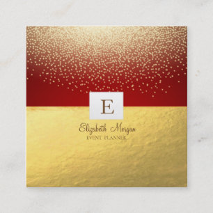 Elegant Modern Monogram Gold Confetti, rood Vierkante Visitekaartje