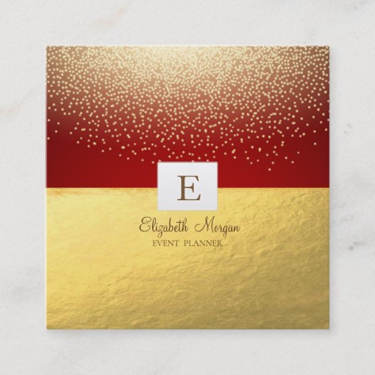 Elegant Modern Monogram Gold Confetti, rood Vierkante Visitekaartje (Voorkant)