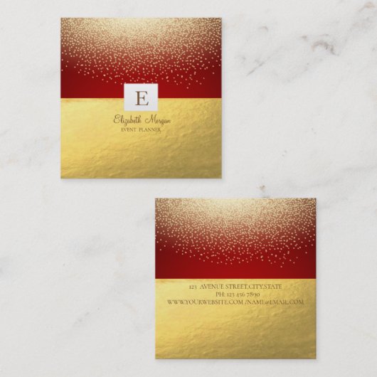 Elegant Modern Monogram Gold Confetti, rood Vierkante Visitekaartje (Voorkant / Achterkant)