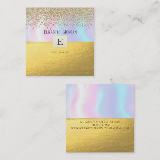 Elegant modern monogram Gold Diamonds Holografisch Vierkante Visitekaartje (Voorkant / Achterkant)