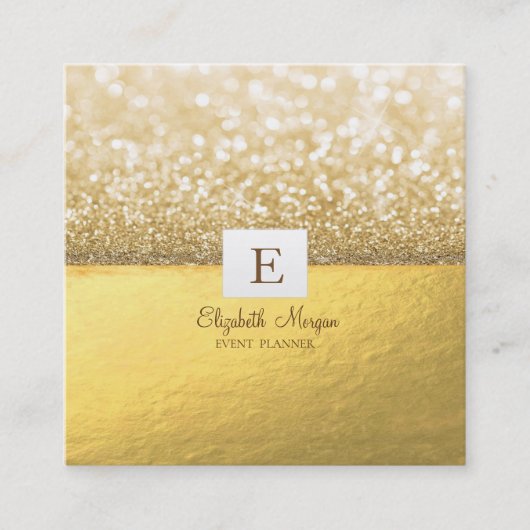 Elegant Modern Monogram Gold Glitter Bokeh Vierkante Visitekaartje (Voorkant)
