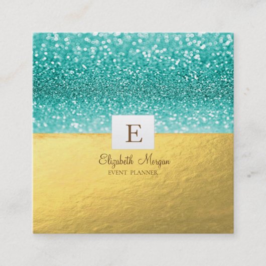 Elegant Modern Monogram Gold Glitter Bokeh Vierkante Visitekaartje (Voorkant)