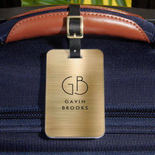 Elegant modern monogram goud geborsteld glam metaa bagagelabel