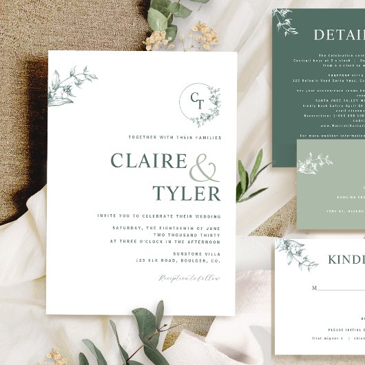 Elegant Modern Monogram Groen Huwelijk Kaart