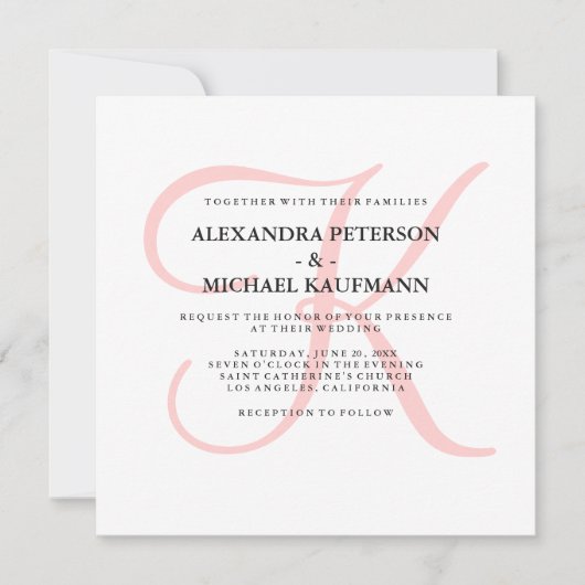 Elegant Modern Monogram in Roze Bruiloft Kaart (Voorkant)