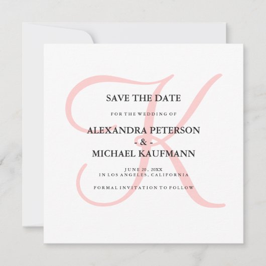 Elegant Modern Monogram in Roze Save the Date (Voorkant)