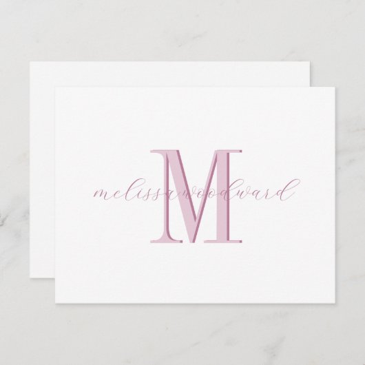Elegant Modern Monogram Initiaal Script Naam Roze Notitiekaartje (Voorkant / Achterkant)