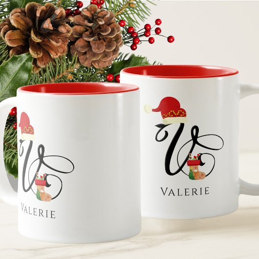 Elegant Modern Monogram Initiaal V Kerstmis Tweekleurige Koffiemok