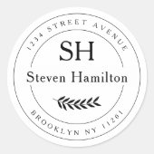 Elegant Modern Monogram Naam Blad Retouradres Ronde Sticker (Voorkant)