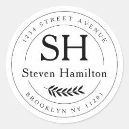 Elegant Modern Monogram Naam Blad Retouradres Ronde Sticker
