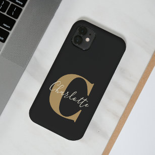 Elegant Modern Monogram Name in Black Gold Case-Mate iPhone 14 Hoesje