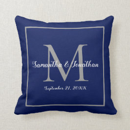 Elegant Modern Monogram Navy Blue Wedding Keepslag Kussen