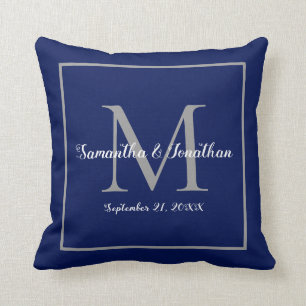 Elegant Modern Monogram Navy Blue Wedding Keepslag Kussen