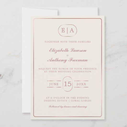 Elegant Modern Monogram Roos Gold Wedding Kaart (Voorkant)