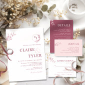 Elegant Modern Monogram Roze, Bourgondische bruilo Kaart