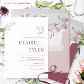 Elegant Modern Monogram Roze, Bourgondische bruilo Kaart