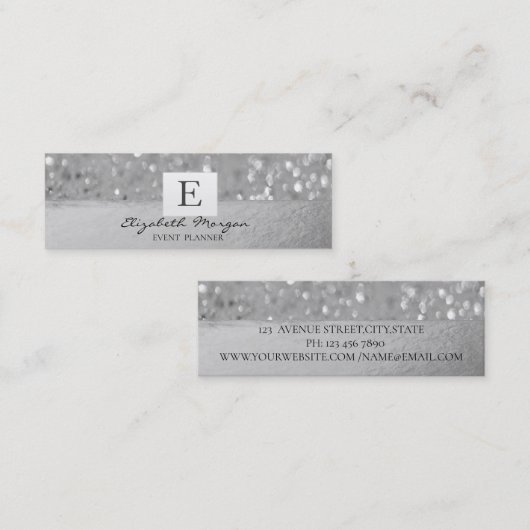 Elegant Modern Monogram Silver Glitter Bokeh Mini Visitekaartje (Voorkant / Achterkant)
