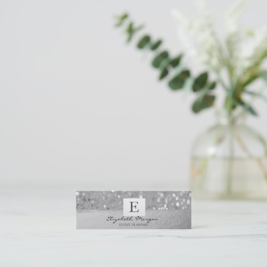 Elegant Modern Monogram Silver Glitter Bokeh Mini Visitekaartje (Staand voorkant)