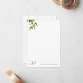Elegant Modern Monogram Waterverf Bamboe Bladeren Notitiekaartje (Voorkant / Achterkant in situ)