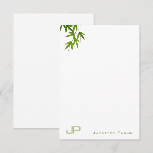 Elegant Modern Monogram Waterverf Bamboe Bladeren Notitiekaartje (Voorkant / Achterkant)