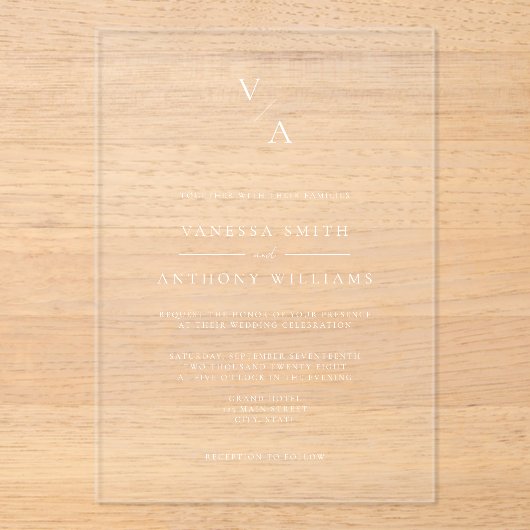 Elegant Modern Monogram Weddenschap Acryl Uitnodigingen (Voorkant)