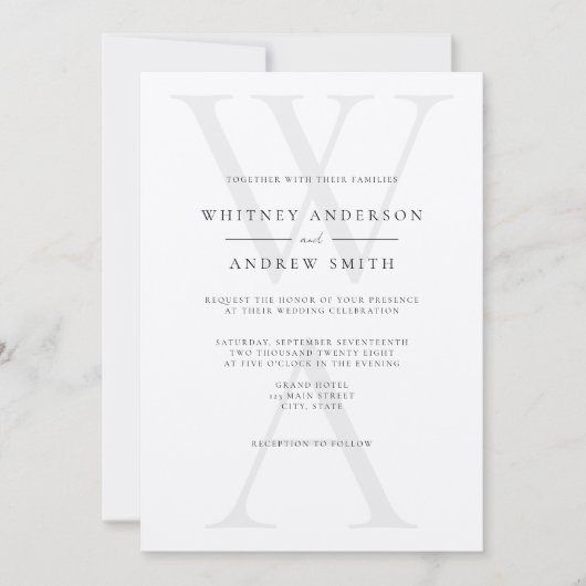 Elegant Modern Monogram Zwart & Ecru Huwelijk Kaart (Voorkant)