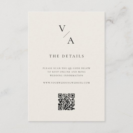 Elegant Modern Monogram Zwart en Ivoor Huwelijk Informatiekaartje (Voorkant)