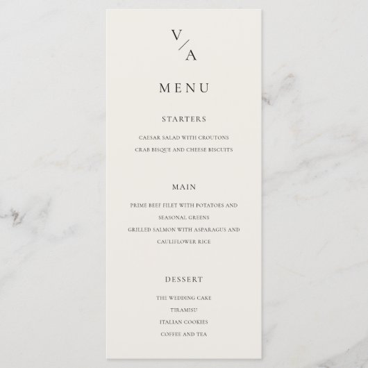 Elegant Modern Monogram Zwart en Ivoor Huwelijk Menu (Voorkant)
