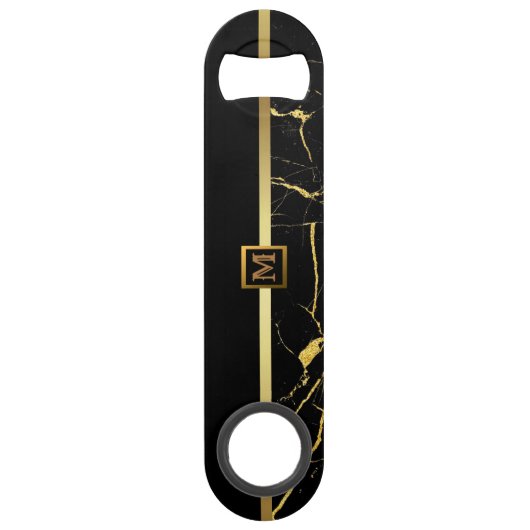 Elegant Modern Monogrammed Marble Black Gold Speed Flessenopener (Voorkant)