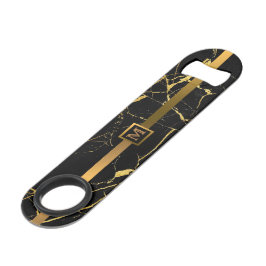 Elegant Modern Monogrammed Marble Black Gold Speed Flessenopener