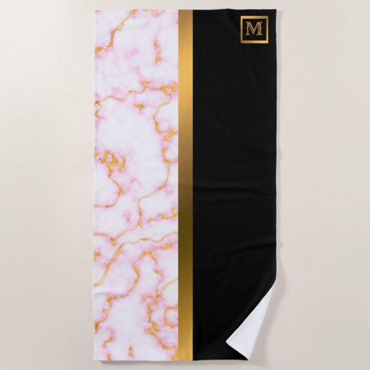 Elegant Modern Monogrammed Marble Black Gold Strandlaken (Voorkant)