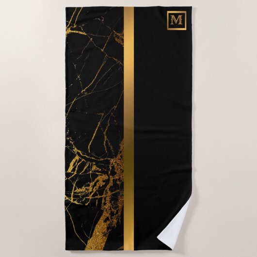 Elegant Modern Monogrammed Marble Black Gold Strandlaken (Voorkant)