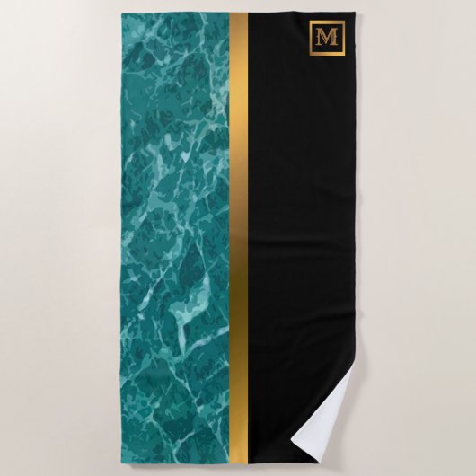 Elegant Modern Monogrammed Marble Black Gold Strandlaken (Voorkant)
