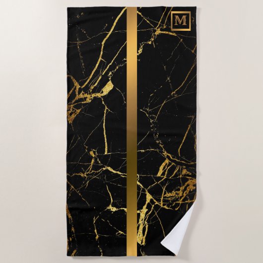 Elegant Modern Monogrammed Marble Black Gold Strandlaken (Voorkant)