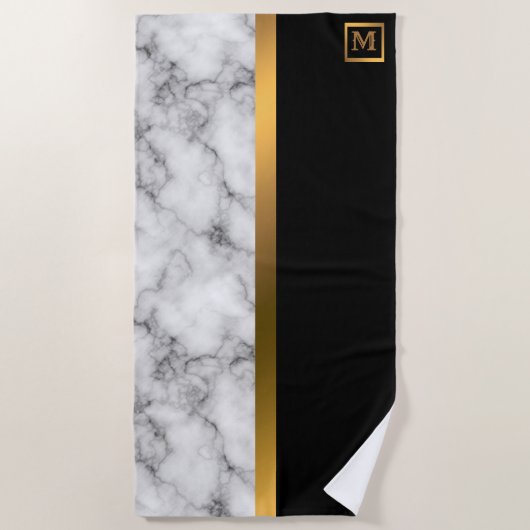 Elegant Modern Monogrammed Marble Black Gold Strandlaken (Voorkant)