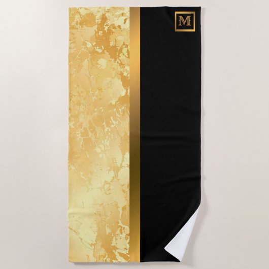 Elegant Modern Monogrammerd Marmer Zwart Goud Strandlaken (Voorkant)